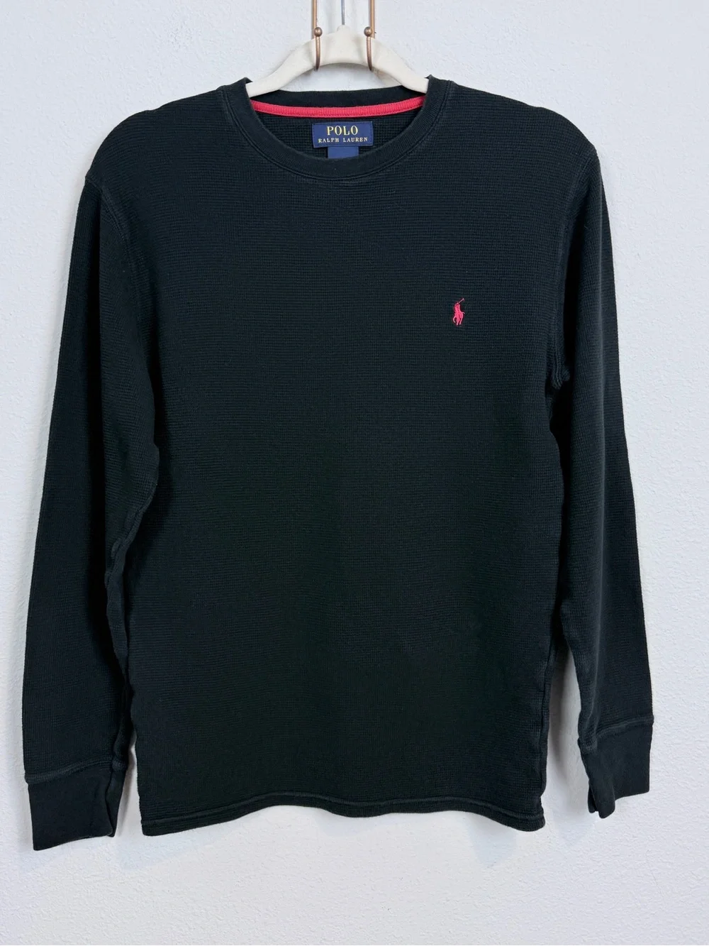 Polo Ralph Lauren Black Long-Sleeve Waffle Crew with Red Pony S